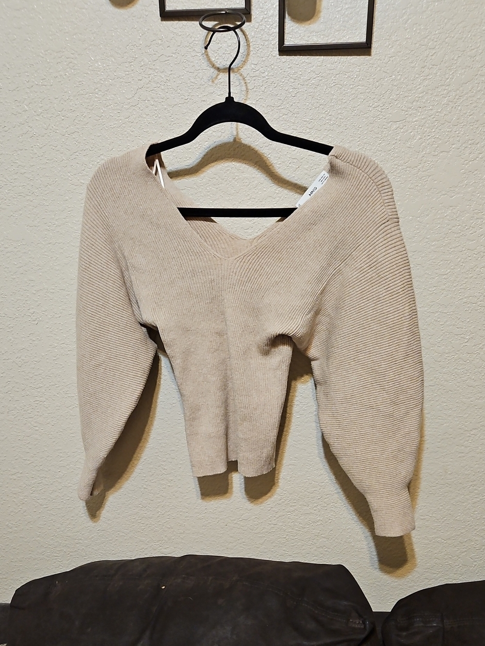 Mango Beige V-Neck Balloon Sleeve Sweater